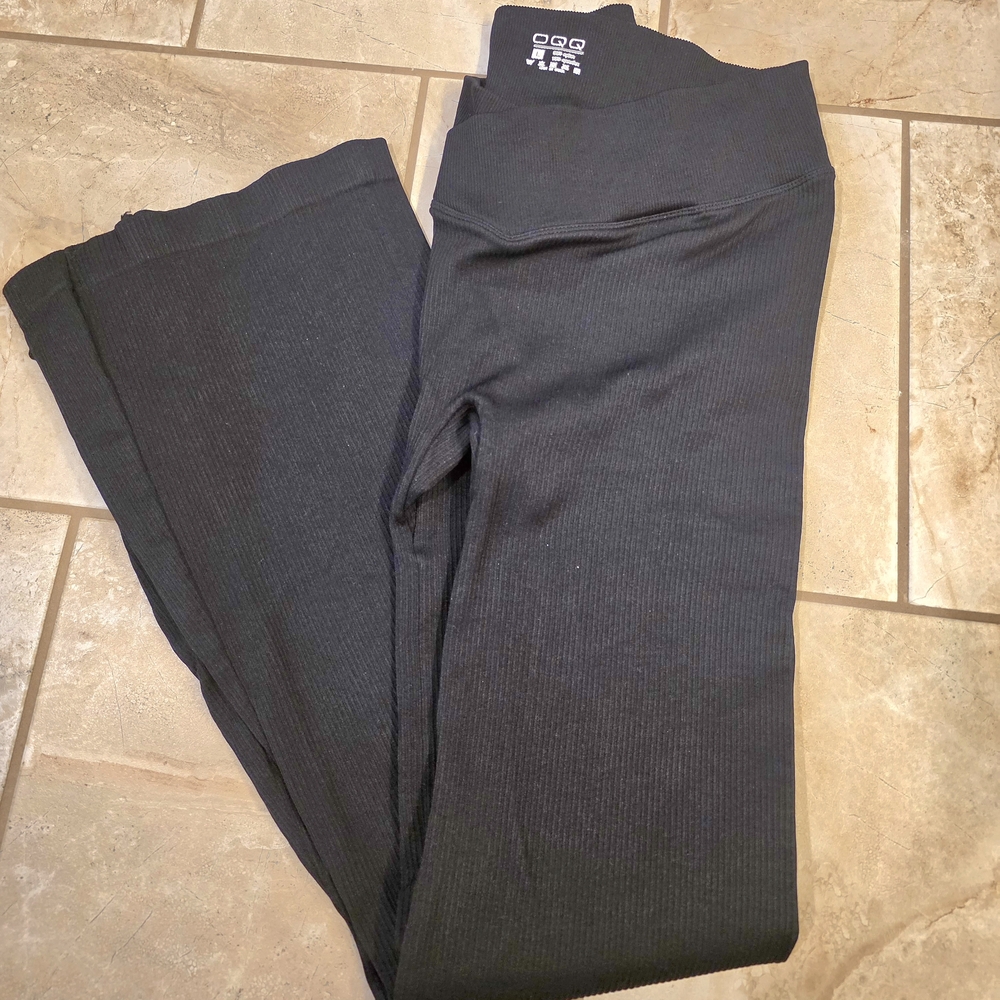 OQQ Black Ribbed Wide Leg Leggings